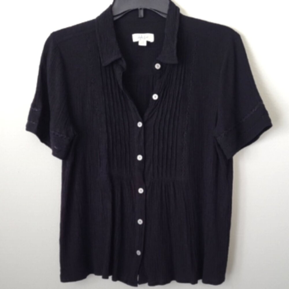 Style & Co. Crinkle Textured Gauze Black Blouse Lace Trom Short sleeve Size S